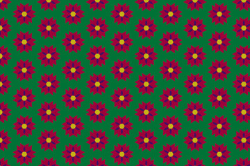 Stylish ornamental print ideal for textiles. A bold geometric red floral pattern on green background. Decorative pattern.
