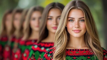 Fototapeta premium Four Young Women in Red and Green Embroidered Tops
