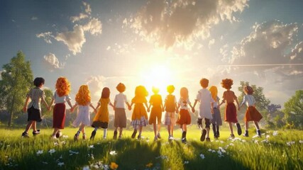 Children hold hands while walking in a field during golden hour. This childhood scene shows unity, happiness, and the innocence of youth.