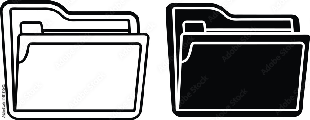 Poster two minimalist vector illustrations of open and closed filing folders in black and white