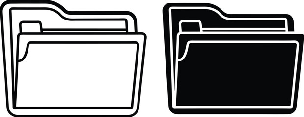Two minimalist vector illustrations of open and closed filing folders in black and white