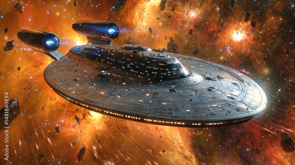 Aufkleber spaceship traversing a fiery nebula in space.