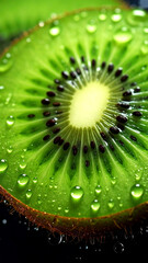 Kiwi fruit cross-section macro shot with water droplets, realistic style