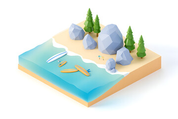 Isometric Low Poly Tropical Beach Illustration Isolated On White