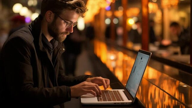 A young man focuses on his laptop at a cozy outdoor cafe surrounded by sparkling lights. The serene atmosphere complements his creative efforts as he types thoughtfully under the evening sky
