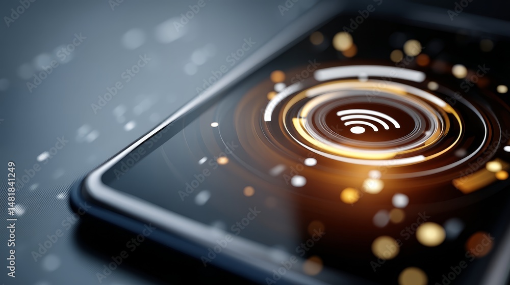 Poster a glowing wi-fi symbol hovers above a smartphone, surrounded by a blurred tech-inspired background, 
