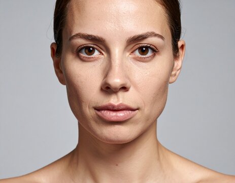 Close-up portrait of a woman without makeup, staring directly at the camera with a tough, unapologetic expression. Natural beauty and raw emotion.

