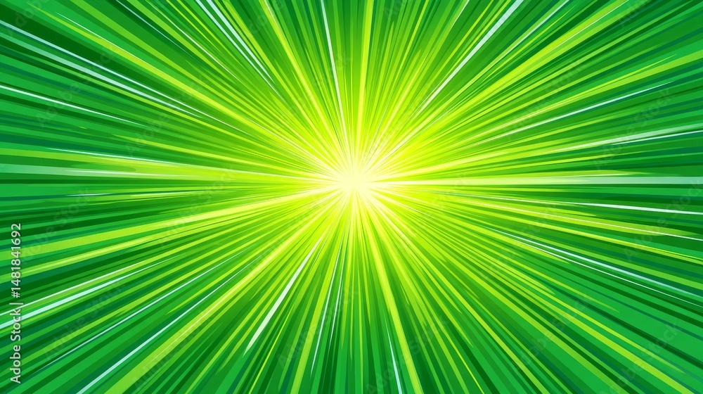 Poster vibrant green rays of light emanating from a central point creating energy and motion