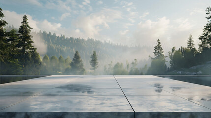 AI generated, Minimal modern concrete showroom background with scenic architecture and nature — ideal for EV car advertising or promotional text layout