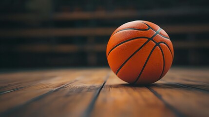 Obraz premium An orange basketball sits on a wooden basketball court.