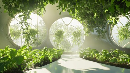 Close up of fresh vegetables in a futuristic smart farm with eco friendly hydroponic design.