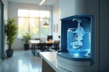 A modern office water cooler dispensing fresh, cool water , chilled water, cool water, appliance