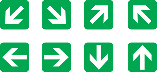Green street signs. Direction wayfinding arrows, post sign isolated realistic vector illustration icon set. Arrow icon set cursor arrow up down and symbol icons. Modern simple solid arrows collection.