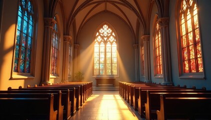 Fototapeta premium A peaceful church interior, sunlight streaming through stained-glass windows , cathedral, spirituality, god