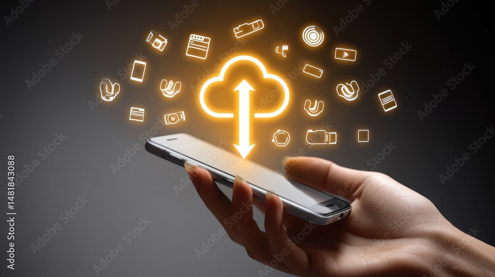 Poster of cloud computing and mobile technology seamlessly integrated representing the evolution of digital