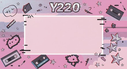 A playful Y2K themed frame or background template. Features "Y220" text, cassette tapes, pixel art, stars, and glitch effects on a pink and purple gradient backdrop.