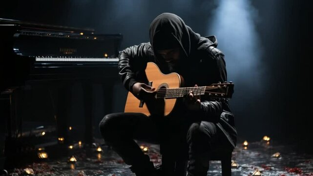 A lone musician passionately strums an acoustic guitar, enveloped in gentle light amidst a serene atmosphere. The moment captures deep emotion and creativity in a captivating setting