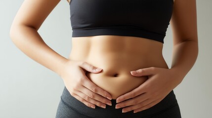 お腹の脂肪を気にして手を当てる女性、お腹のアップ