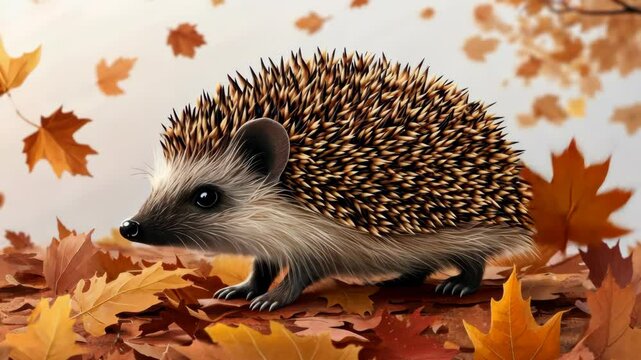 A charming hedgehog strolls through a vibrant autumn landscape covered in fallen leaves, creating a whimsical fall atmosphere