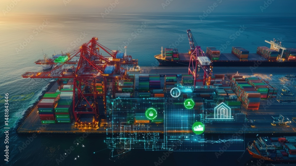Poster aerial view of a large modern container port with cranes cargo ships and advanced digital infrastruc