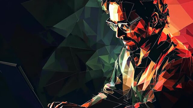 Abstract artistic portrait of a person with glasses using a laptop, low poly style graphic design