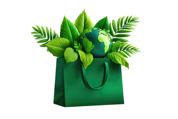Green shopping bag with earth and leaves isolated on transparent background