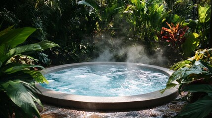 Tropical oasis: relaxing hot tub with steam amid lush greenery perfect for wellness retreats and serene escapes spa day background for relaxation themed designs 