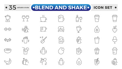 blend and shake outline icon set. Contains related to cocktail, brandy, liquor, beverage, tequila, bar, mojito, old. Collection for mobile and web apps. Editable stroke outline icon.
