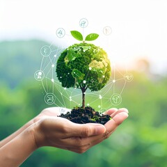 Hand Holding Small Tree with Digital Sustainability Icons – Eco Concept for Environmental Protection and Green Energy