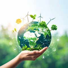 Hand Holding Small Tree with Digital Sustainability Icons – Eco Concept for Environmental Protection and Green Energy