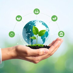 Hand Holding Small Tree with Digital Sustainability Icons – Eco Concept for Environmental Protection and Green Energy