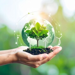 Hand Holding Small Tree with Digital Sustainability Icons – Eco Concept for Environmental Protection and Green Energy