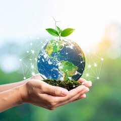 Hand Holding Small Tree with Digital Sustainability Icons – Eco Concept for Environmental Protection and Green Energy