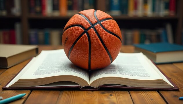 Basketball resting on open textbook, surrounded by stationery, youth, homework, knowledge