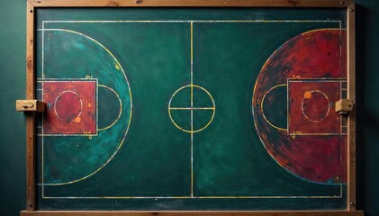 Blackboard with basketball court diagram, strategy markings, plan, offense, tournament