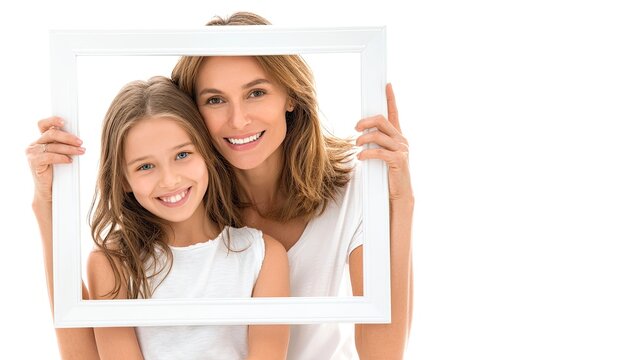 Happy mother and daughter smiling through a white picture frame against a white background A joyful family portrait