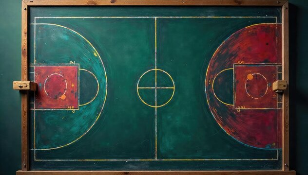 Blackboard with basketball court diagram, strategy markings, plan, offense, tournament