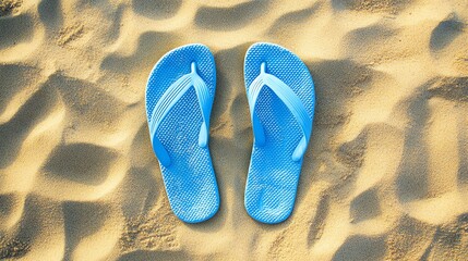 Naklejka premium A pair of flip-flops rests on a sandy beach background.