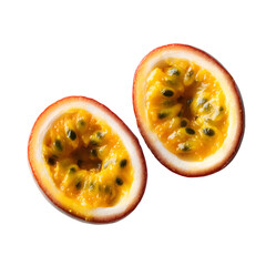 Fresh passion fruit halves on a white background