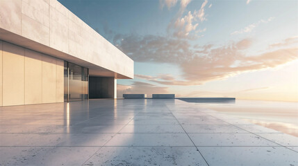 AI generated, Minimal modern concrete showroom background with scenic architecture and nature — ideal for EV car advertising or promotional text layout