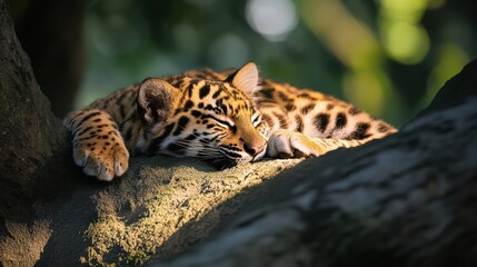Jaguar Resting Peacefully on a Mossy Tree Branch in a Lush Jungle