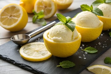 Refreshing Lemon Sorbet in Hollowed Lemons with Mint on Dark Stone Background