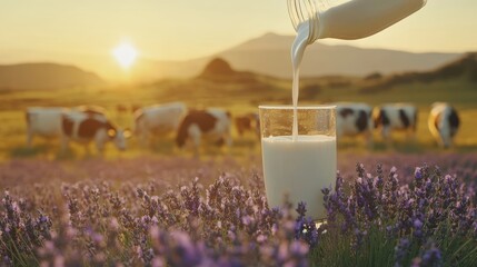 Fresh milk poured into glass over lavender field with cows golden hour dairy farm and rural landscape create a serene countryside morning 