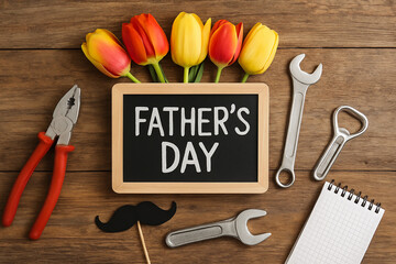 Father's day celebration with tools, tulips, and a mustache arranged on a rustic wooden surface