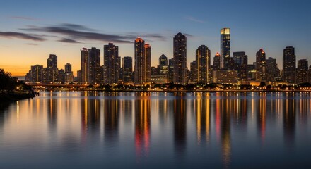 Fototapeta premium City Skyline at Night Reflecting in Water