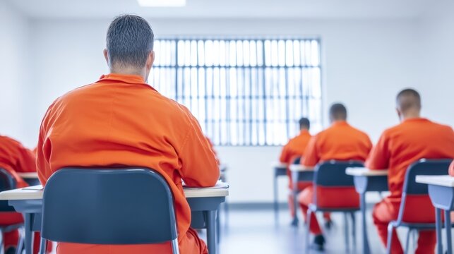 Inmates in orange jumpsuits learning education program in prison behind bars classroom setting educational reform rehabilitation barred window background 