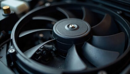 Close-up of a car radiator fan, showcasing intricate cooling system components , air, component