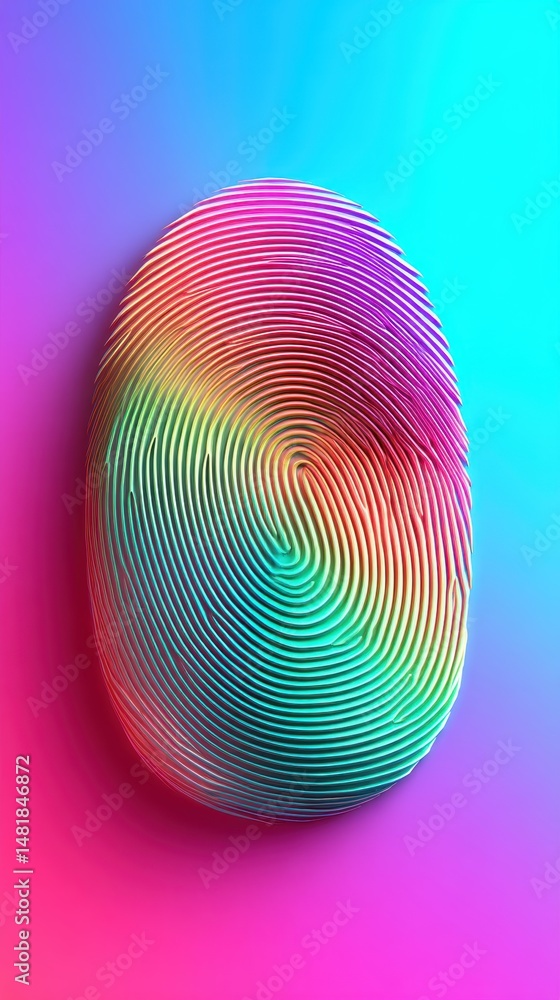Poster a colorful, stylized fingerprint with vibrant gradients on a smooth gradient background.
