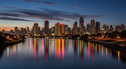 Fototapeta premium City Skyline Reflects in Water at Dusk