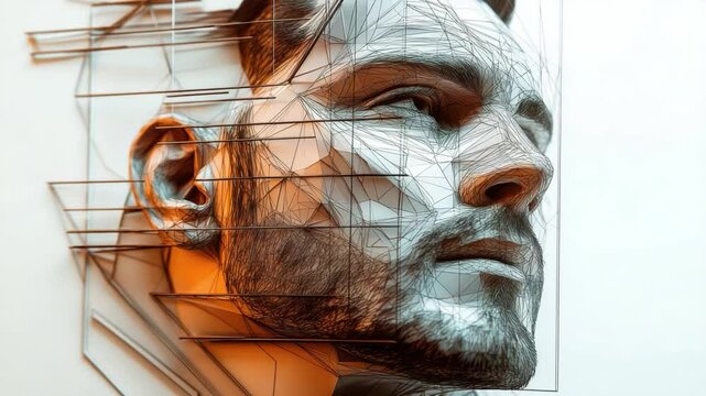 Geometric Portrait of a Contemplative Individual: An artistic representation of a person's face, crafted with a blend of sharp geometric forms and subtle shading.
